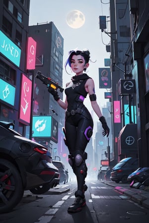 1girl,cyberpunk city,night ciry,realistic,science fiction,flat colors,,jinx \(league of legends\),beautiful,(cute:1.2),gheayoubi