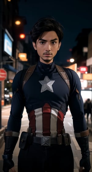 centered, upper body, masterpiece, | captain america, standing, looking at viewer, | city, urban, street, city lights, | night, bokeh, depth of field, glowing at face, light at face,putra