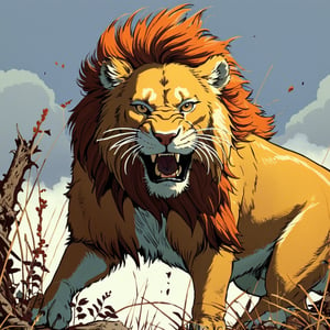 lion ready to attack, roar, aggressive,  (in the combined style of Mœbius and french comics), (minimal vector:1.1)
