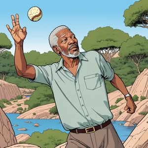 Morgan Freeman  throwing a stone,zoo background, (in the combined style of Mœbius and french comics), (minimal vector:1.1)