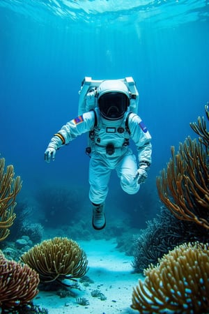 Beautiful deepsea background, astronaut swimming in the underwater