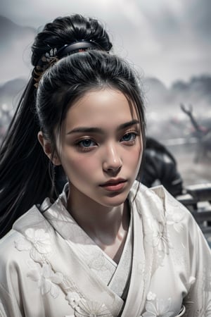  full body shot ,of beautiful young Japanese female, she has (long straight hair), wearing an elegant traditional kimono,  (intricatedetailed on kimono) ,epic background,Miraculous, Perfect face, small face, small head, (beautiful detailed eyes, symmetrical eyes, (detailed face), slender, dramatic lighting, (8k, photo, masterpiece), (highest quality), (best shadow), (best illustration), ultra high resolution, 8K wallpapers, physically based rendering, photo, realistic, realism, high contrast, hyperrealism, photography, f1 lens .6, intense colors, hyper-realistic realistic texture, cinestill 800), detailed face,weapons),nsfw, (samurai movie theme:1.2)