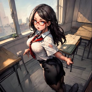  
1girl, torso grab, pov hands, glasses, shirt, pencil skirt, classroom, 1boy, grabbing, surprised, :o, pantyhose,, masterpiece, best quality, highly detailed,missionary anal