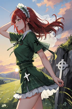 (8k), (highest quality:1.1), (best quality:1.1), (masterpiece:1.1), (ultra-detailed), perfect anatomy, correct anatomy, perfect proportion, perfect face, perfect hands, perfect legs, perfect fingers, side view, BREAK 1girl, solo, red hair, BREAK green bridal veil bonnet, green see through dress, long skirt, ruffling hair in the wind, spreading out her arms, BREAK outdoors, (celtic cross stone with Insular art:1.5), breeze, (hillside:1.3), (clover field:1.3), (twilight sky:1.2), sunset