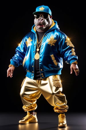  Dressed animals - a (fat) hippo hip hop dancer, ((dancing and singing)), god of hip hop, highly detailed ((hip hop fashion)) , highly detailed accessories , (wearing sunglasses and cap),dancing pose,wearing a jacket and hoodie delicately depicted with gold leaf detailing, printed onto a substantial and regal coat,Emphasize the intricate application of gold foil to capture the strength and valor of hip hop dancer. Ensure a visually stunning representation that combines the opulence of gold leaf with the historical passion of hip hop , creating a unique and impressive fashion through innovative image generation techniques.",abmhandsomeguy,(full body image:2.0), stadio lighting