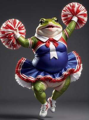 portrait of Dressed animals - a (fat) (baby) toad cheerleader,(cheer dancing:2.0),(jumping:2.0), high quality, (),(happy smile:1.2),(lovely) ,intricate details, highly detailed ((cheer costume)) ,highly detailed cheer clothes, holding pom-pom ,(passion) , highly detailed hair ribbon, (happy), studio lighting,(full body image:1.5)comic book,comic book