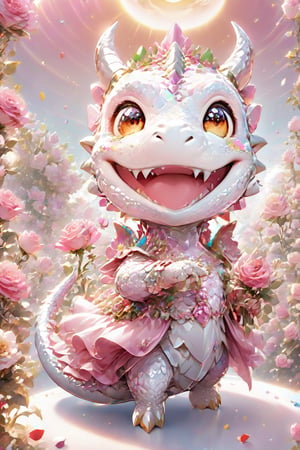  portrait of cute dragon,(dynamic  pose), high quality,(holding a pink rose) ,intricate details, highly detailed dress ,smile,highly detailed flower decorations, long tail , (wind effect),  confetti of roses background,sun light,(full body image:1.5),more detail XL,,cute dragon,sticker