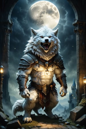 (((Top Quality: 1.4))), (Art by jean baptiste monge),(Unparalleled Masterpiece),(Ultra High Definition),(Ultra-Realistic 8k CG),chiaroscuro,cute white werwolf,king of werwolves massive mascular body, standing,fluffy body , in dark medieval castle,horror , eerie moon light makes gradient of shadows and adds depth to images, (magic mysterious background,highly detailed baclgound, glowing particles, ethereal fog, faint darkness), hype realistic cover photo awesome full color, Cinematic, (hyper detail: 1.2), perfect anatomy,more detail XL,Leonardo Style,,detailmaster2,((over waist image:1.8)),,realistic,monster