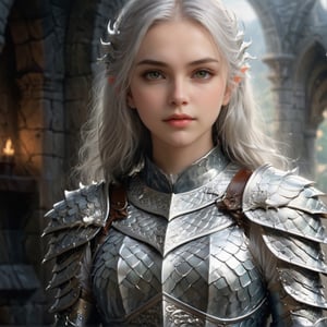 European style, fantasy, solo, cute girl, wearing dragon armor, white & silver long hair, faithing,, ruins background,(upper body:1.5) , (masterpiece), (best quality), (ultra-detailed), (an extremely delicate and beautiful), ((textile shading)), (caustics), (((sharp focus))),dragon armor,more detail XL