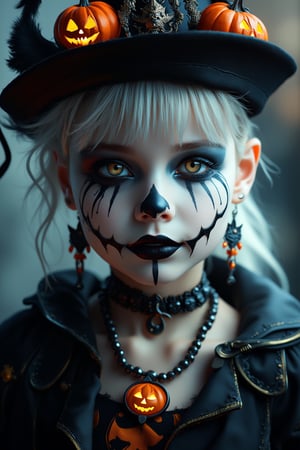 (Best Quality, 8K, 32K, masutepiece:1.3), Ultra-detailed, (Photorealistic:1.4), white colors, albino,12yo Girl with Halloween heavy paint on her face, Detailed eyes, Upper body, Luxurious punk hair, Edgy Halloween fashion,(Halloween atmosphere),in Gothic Haloween costume and hat, Pumpkin motif accessories,necklace and earrings,  Avant-garde Halloween makeup, Numerous piercings,,night sky background, Backlight effect, Shallow depth of field, Blurry background,score_9, score_8_up, score_7_up, score_6_up, score_5_up, score_4_up,