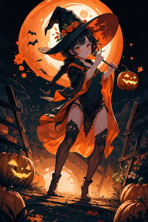   absurdres, highres, ultra detailed, (1girl:1.3), kawaiiBREAK  ,,(carries Jack o'lanterns ),(( orange witch's big hat and orange intricate robe)), shining eyes , twin_braid , black hair , little girl, 10 years old,(lovely smile),happy Halloween atmosphere, fluid textures,,moonlight,intricate details, 32k digital painting, hyperrealism, (vivid color,abstract background:1.3, colorful:1.3, flowers:1.2, pumpkins:1.1,zentangle:1.2, fractal art:1.1) , parted bangs, SUPER HIGH quality, in 8K , intricate detail, ultra-detailed,(action pose:1.5)