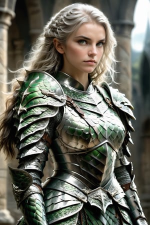 European style, fantasy, solo, cute girl, wearing dragon armor, white & silver long hair, battle, faithing, enemy, ruins, holding long sword, (masterpiece), (best quality), (ultra-detailed), (an extremely delicate and beautiful), ((textile shading)), (caustics), (((sharp focus))),dragon armor