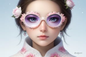 Create a modern-styled portrait of a gentle lady inspired by roses and love, wearing snowflake glasses,utilizing the vibrant color palettes and sleek lines reminiscent of the works by Chinese contemporary artist Zhang Xiaogang.,Enhance,Daughter of Dragon God,Young beauty spirit ,Perfect skin,sfglasees,