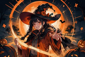   absurdres, highres, ultra detailed, (1girl:1.3), kawaiiBREAK  ,,(carries Jack o'lanterns ),(( orange witch's big hat and orange intricate robe)), shining eyes , twin_braid , black hair , little girl, 10 years old,(lovely smile),magic circle background,trees background,happy Halloween atmosphere, fluid textures,,moonlight,intricate details, 32k digital painting, hyperrealism, (vivid color,abstract background:1.3, colorful:1.3, flowers:1.2, pumpkins:1.1,zentangle:1.2, fractal art:1.1) , parted bangs, SUPER HIGH quality, in 8K , intricate detail, ultra-detailed,(action pose:1.5),(upper body image:1.5),realhands,Circle,perfect
