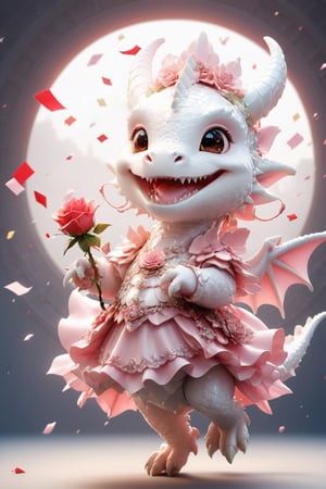  portrait of cute dragon,(dynamic  pose), high quality,(happy atmosphere) ,holding a red rose,smile, , (wind effect), confetti of red roses background,sun light,(full body image:1.5),,,cute dragon,
