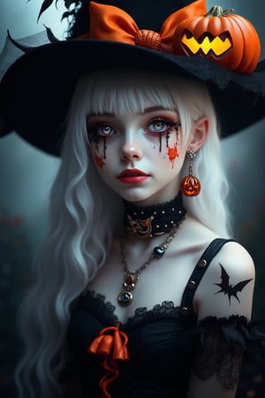 (Best Quality, 8K, 32K, masutepiece:1.3), Ultra-detailed, (Photorealistic:1.4), white colors, albino,15yo cute Girl with Halloween heavy paint on her face, Detailed eyes, Upper body, Luxurious punk hair, Edgy Halloween fashion,(Halloween atmosphere),in Gothic Haloween costume and hat, Pumpkin motif accessories,necklace and earrings,  Avant-garde Halloween makeup, Numerous piercings,,night sky background, Backlight effect, Shallow depth of field, Blurry background,score_9, score_8_up, score_7_up, score_6_up, score_5_up, score_4_up,