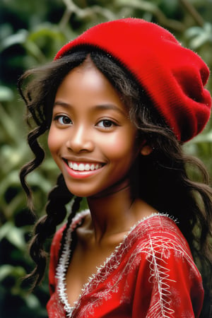 Mezzotint color print of a beautiful young black 
girl , wearing red hat,tangled hair, detailed face, lovely smile,simple red dress, art by Jean-Baptiste Monge,art by Hans Bellmer,beautymix