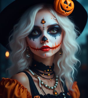 (Best Quality, 8K, 32K, masutepiece:1.3), Ultra-detailed, (Photorealistic:1.4), white colors, albino,15yo cute Girl with Halloween heavy paint on her face, Detailed eyes, Upper body, Luxurious punk hair, Edgy Halloween fashion,(Halloween atmosphere),in Gothic Haloween costume and hat, Pumpkin motif accessories,necklace and earrings,  Avant-garde Halloween makeup, Numerous piercings,,night sky background, Backlight effect, Shallow depth of field, Blurry background,score_9, score_8_up, score_7_up, score_6_up, score_5_up, score_4_up,