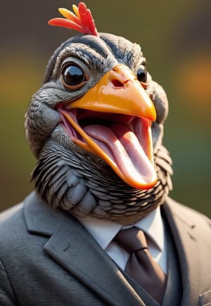 face close up illustration of anthropomorphic (fat)baby turkey ,(furry), (lovely),dressed in a dark gray suit, (sticking out tongue:1.5),(happy smiling eyes:1.5),(smile:1.2),wearing glasses, soft lighting, Cinematic, hdr, primitive, Intricate, High quality, smoothing tones, Intricate details, Low contrast,(viewed from side:2.0), (looking at viewer:1.5), simple background,comic book