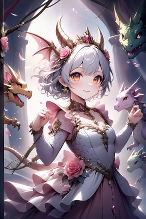  portrait of cute dragon,(dynamic  pose), Realism,One Girl, A girl whose entire body is organically composed of intertwining roses and thorny vines. The scales adorning her cheeks shimmer with prisms of glass and delicate shades of blooming roses, and sharp thorns protrude from them. Elegant golden chains and gemstones jewelry and ornaments, a soft smile on her face.),more detail XL,,cute dragon,sticker,DonMS4kur4XL,Decora_SWstyle