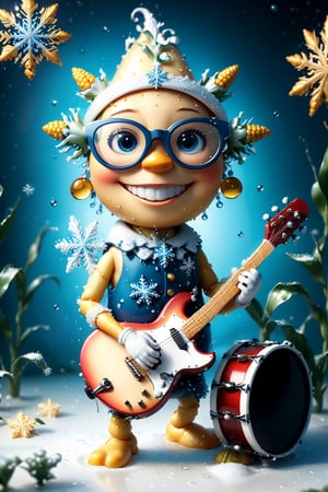 ((masterpiece:1.3,concept art,best quality,photorealistic)), very cute appealing anthropomorphism of (corn), playing the guitar, wearing snowflake glasses,drum set background,looking at the viewer, big grin, happy,, droplets, macro, sunlight, fantasy art, dynamic composition, dramatic lighting, epic realistic, award winning illustration, more detail XL,snowflake glasses