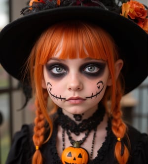 half body portrait of 10yo kawaii girl with Halloween heavy makeup on face, in Gothic Haloween costume and hat,higly detailed skin texture ,(looking at camera:1.5),(gothic),fractal punk, orange braid hair, matte painting portrait shot, beautiful girl, pink fair skin, she is dressed in Halloween clothes, Pumpkin motif accessories,necklace and earrings, Halloween atmosphere, heavy makeup,orange theme,score_9, score_8_up, score_7_up, score_6_up, score_5_up, score_4_up,