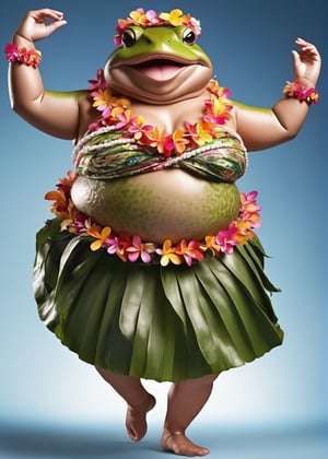 portrait of Dressed animals - a ((fat)) toad hula dancer,(hula dancing:2.0), (dancing pose:1.5),high quality,(happy),(lovely),(perfect hands), ,intricate details, highly detailed ((female hula dance costume)) ,highly detailed decorations, wearing flower lei and bikini, (happy), studio lighting,(full body image:1.5),simple background,(:1.5)(perfect hands:1.5),comic book