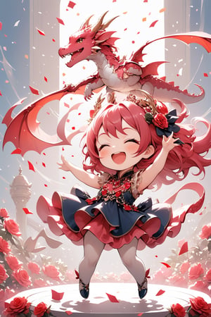  portrait of cute dragon,(dynamic  dancing pose), high quality,(happy atmosphere) ,holding a red rose,(big smile), , (wind effect), confetti of red roses background,,(full body image:1.5),,,cute dragon,