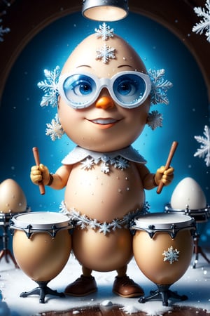 ((masterpiece:1.3,concept art,best quality,photorealistic)), very cute appealing anthropomorphism of egg , playing drums pear, wearing snowflake glasses,drum set background,looking at the viewer, big grin, happy,, droplets, macro, sunlight, fantasy art, dynamic composition, dramatic lighting, epic realistic, award winning illustration, more detail XL,snowflake glasses