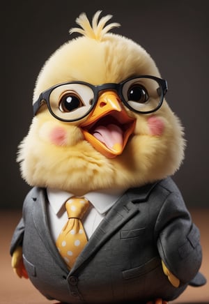 face close up photo of anthropomorphic (fat) baby chick,(tongue,beak), (furry),dressed in a dark gray suit, (sticking out tongue:1.5),(happy smiling eyes:1.5),(smile:1.2),wearing glasses, soft lighting, Cinematic, hdr, primitive, Intricate, High quality, smoothing tones, Intricate details, Low contrast,(viewed from side:2.0), (looking at viewer:1.5), simple background,comic book