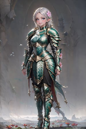 (masterpiece, best quality), (ultra detailed),(absurdres), 1 girl,(baby face:1.1),pointy ears,right bule hair,kindly smile,(flower:1.4),Matte Painting,full body,fantasy world,dragon armor