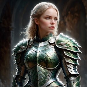 digital illustration of female american soldier,wearing dragon armor, masterpiece,, comic style, pale  skin, perfect anatomy, centered, approaching perfection, dynamic, highly detailed, artstation, concept art, smooth, sharp focus, illustration, art by Carne Griffiths and Wadim Kashin,
rule of thirds, expressive impossible pose,(upper body image:1.5) ,dragon armor,more detail XL