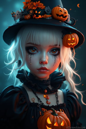 (Best Quality, 8K, 32K, masutepiece:1.3), Ultra-detailed, (Photorealistic:1.4), white colors, albino,gothic punk girl,15yo cute Girl with Halloween paint on her face, Detailed eyes, Upper body, Luxurious punk hair, Edgy Halloween fashion,(Halloween atmosphere),in Gothic Haloween costume and hat, Pumpkin motif accessories,necklace and earrings,  Avant-garde Halloween makeup, Numerous piercings,,night sky background, Backlight effect, Shallow depth of field, Blurry background,score_9, score_8_up, score_7_up, score_6_up, score_5_up, score_4_up,