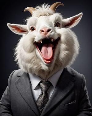  face close up image of anthropomorphic fat angora goat,(furry), dressed in a dark gray suit, (sticking out tongue:1.5),(happy smile:1.5),(naughty look), roomlighting, Cinematic, hdr, primitive, Intricate, High quality, smoothing tones, Intricate details, Low contrast,(viewed from side above:2.0), (looking up to the side:1.8), simple background,comic book