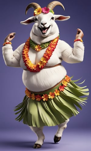  portrait of Dressed animals - a ((fat)) baby goat hula dancer,(hula dancing:2.0), (swinging arms :2.0),(happy smile:1.2),high quality,(happy),(lovely) ,intricate details, (furry), highly detailed ((female hula dance costume)) ,highly detailed decorations, wearing (bikini) aloha shirts and flower lei , (happy), studio lighting,(full body image:1.5),simple background,(viewed from side:2.0),(perfect hands)comic book,comic book