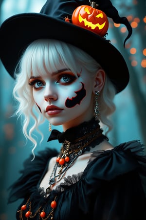 (Best Quality, 8K, 32K, masutepiece:1.3), Ultra-detailed, (Photorealistic:1.4), white colors, albino,Gothic punk girl,12yo Girl with Halloween paint on her face, Detailed eyes, Upper body, Luxurious punk hair, Edgy Halloween fashion,(Halloween atmosphere),in Gothic Haloween costume and hat, Pumpkin motif accessories,necklace and earrings,  Avant-garde Halloween makeup, Numerous piercings,,night sky background, Backlight effect, Shallow depth of field, Blurry background,score_9, score_8_up, score_7_up, score_6_up, score_5_up, score_4_up,