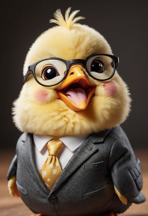 face close up photo of anthropomorphic (fat) baby chick,(tongue,beak), (furry),dressed in a dark gray suit, (sticking out tongue:1.5),(happy smiling eyes:1.5),(smile:1.2),wearing glasses, soft lighting, Cinematic, hdr, primitive, Intricate, High quality, smoothing tones, Intricate details, Low contrast,(viewed from side:2.0), (looking at viewer:1.5), simple background,comic book