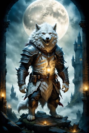 (((Top Quality: 1.4))), (Art by jean baptiste monge),(Unparalleled Masterpiece),(Ultra High Definition),(Ultra-Realistic 8k CG),chiaroscuro,cute white werwolf,king of werwolves, massive mascular body, standing,fluffy body , in dark medieval castle,horror , eerie moon light makes gradient of shadows and adds depth to images, (magic mysterious background,highly detailed baclgound, glowing particles, ethereal fog, faint darkness), hype realistic cover photo awesome full color, Cinematic, (hyper detail: 1.2), perfect anatomy,more detail XL,Leonardo Style,,detailmaster2,((over waist image:1.8)),,realistic,monster