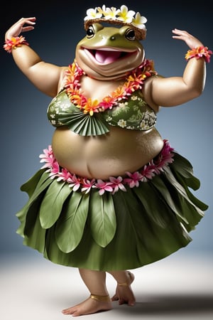 portrait of Dressed animals - a ((fat)) toad hula dancer,(hula dancing:2.0), (dancing pose:1.5),high quality,(happy smile),(lovely),(perfect hands), ,intricate details, highly detailed ((female hula dance costume)) ,highly detailed decorations, wearing flower lei and bikini, (happy), studio lighting,(full body image:1.5),simple background,(:1.5)(perfect hands:1.5),comic book