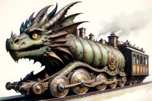 (Best quality, High quality, masterpiece, Watercolor_pencil painting, ligne_claire, Illustration, ), ((stylized art style, painted by Egon Schiele and Gustave Doré and Rembrandt)),, ,image of dragon train,dragon train