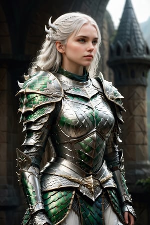 European style, fantasy, solo, cute girl, wearing dragon armor, white & silver long hair, battle, faithing, enemy, ruins,, (masterpiece), (best quality), (ultra-detailed), (an extremely delicate and beautiful), ((textile shading)), (caustics), (((sharp focus))),dragon armor