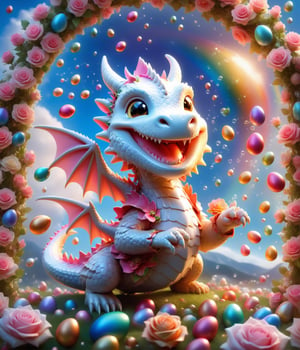 chibi cute dragon ,big smiling charmingly, nestled among roses, gifts and golden seeds, framed by a verdant lawn dotted with Easter eggs, against a backdrop of blue skies and rainbow arches with floating soap bubbles, in a charmingly pose, photographed by Miki Asai with macro lens precision, trending on ArtStation with Greg Rutkowski's detailed fantasy style in 9k resolution, sharp focus aperture F 1.5, intricate details, setting studio photography, ultra high,cute dragon