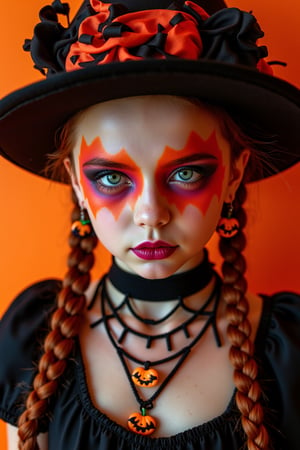 A close-up, matte-painted portrait of a 15-year-old girl with a mesmerizing gaze (1.5 seconds). Her face is adorned with vibrant Halloween paint, adding to her gothic charm. A fractal punk-inspired costume and hat frame her porcelain skin, perfectly pink and unblemished. Long braids cascade down her back, complementing the intricate necklace and earrings featuring pumpkin motifs. The atmosphere is heavy with Halloween mystique, orange hues dominating the scene as she poses, dressed in a bewitching getup, directly addressing the camera.