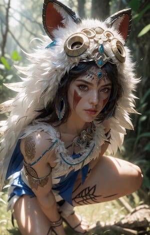 fashion photography portrait of 1girl, princess mononoke,(wearing (princess mononoke coscume)),crouching,face paint,muscular body,slim abs,in blue lush jungle with flowers , 3d render, cgi, symetrical, octane render, 35mm, bokeh, 9:16, (intricate details:1.12), hdr, (intricate details, hyperdetailed:1.15), (natural skin texture, hyperrealism, soft light, sharp:1.2),(full body image:1.5),realistic,realism,photorealistic,Masterpiece,nargacuga armor,Realism,More Detail,princessmononoke,character,1 girl,