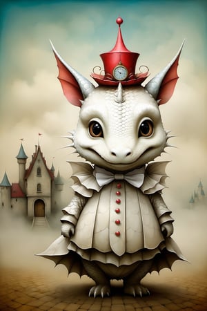 Neo Surrealism, by Gabriel Pacheco and Max Ernst, magical realism bizarre art, pop surrealism,full body image of cute dragon,(wide angle:1.5), like Alice in wonderland, whimsical art,  Generate an illustration of a blurry figure of an animal in the style of minimalistic figurative, foggy, translucent surfaces, diffused imagery, vivid lip color,cute dragon, in the style of esao andrews