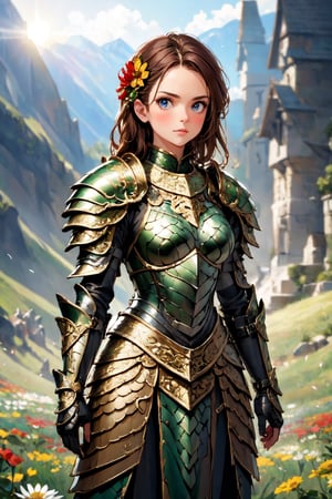 (masterpiece),(best quality),(extremely intricate),(sharp focus),(cinematic lighting),(extremely detailed),A young girl in dragon armor,standing in a meadow of wildflowers. She has long brown hair adorned with wildflowers. Her expression is determined,and her eyes are shining with courage. The sun is shining brightly behind her,casting a golden glow over the scene.,flower4rmor,flower bodysuit,Flower,dragon armor