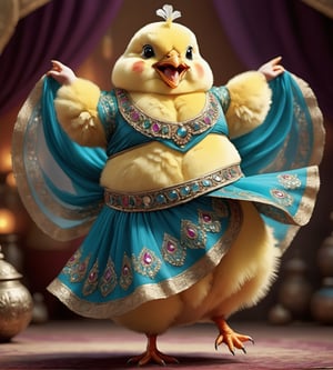   portrait of Dressed animals - a ((fat)) ((baby chick)) dancer,(furry), (dynamic dancing:2.0), (swinging arms :2.0),(happy smile:1.2),high quality,(happy),(lovely) ,intricate details, (sheer veil), highly detailed (( gypsy belly dancing clothes)) ,highly detailed decorations of clothes, Wearing gypsy belly dancing clothes, , (happy), soft lighting,(full body image:1.5),simple background,(viewed from side:2.0),comic book