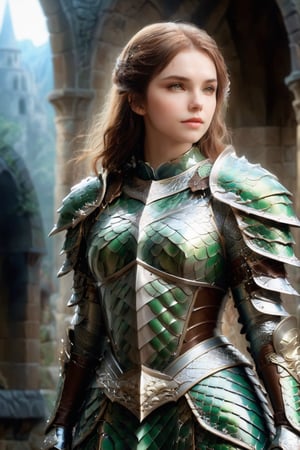 European style, fantasy, solo, cute girl, wearing dragon armor, brown long hair, faithing,, ruins,(upper body image:1.5) , (masterpiece), (best quality), (ultra-detailed), (an extremely delicate and beautiful), ((textile shading)), (caustics), (((sharp focus))),dragon armor,more detail XL