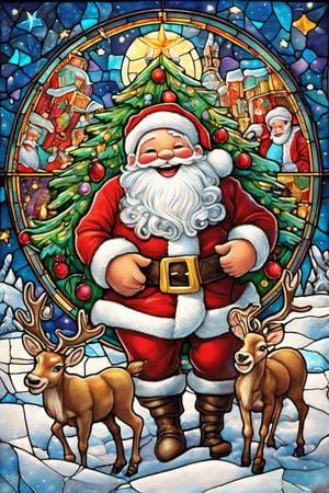 Happy, big smiles on  first christmas,  Santa Claus and reindeers,,
 blessed, welcoming , cute, adorable, vintage, art on a cracked paper, fairytale, patchwork, stained glass, storybook detailed illustration, cinematic, ultra highly detailed, tiny details, beautiful details, mystical, luminism, vibrant colors, complex background