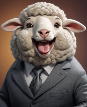 face close up image of anthropomorphic sheep,(tongue), (furry),dressed in a dark gray suit, (sticking out tongue:1.5),(happy smile),(:1.2), soft lighting, Cinematic, hdr, primitive, Intricate, High quality, smoothing tones, Intricate details, Low contrast,), (looking up to viewer), simple background,comic book
